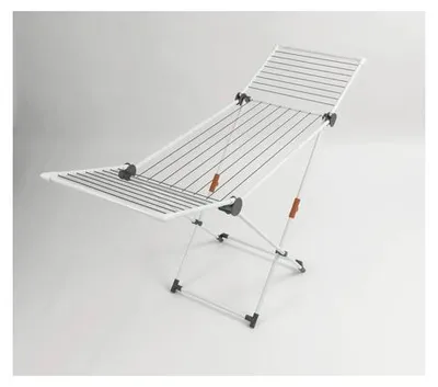 A white laundry drying rack with gray and orange accents is shown against a white background.