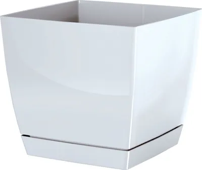 A white square planter with a matching saucer, isolated on a white background.