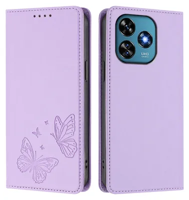 Image de Étui en cuir pour Oukitel C51, motif papillon en relief, étui à rabat avec porte-appareil, violet clair
