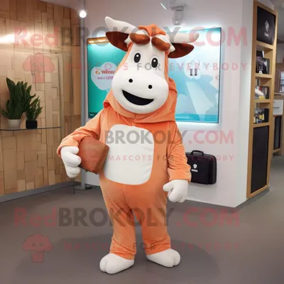 Produktbild von Pfirsich-Hereford-Kuh REDBROKOLY Maskottchen kostüm bekleidet mit einem Overall und Geldbörsen