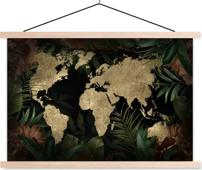 Produktbild von MuchoWow® Textilposter Weltkarte - Vintage - Pflanzen 120x80 cm mit holzfarbenen Rahmen - Aufhängeset