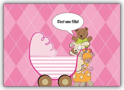 Produktbild von Schöne französische Babykarte (Mädchen) mit Kinderwagen, rosa