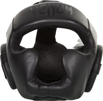 A black Venum boxing headguard is shown from the front against a white background.