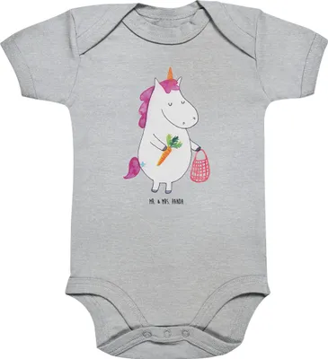 Produktbild von Mr. & Mrs. Panda Einteiler Einhorn Vegan 1. - 3. Monat - Heather Grey - Geschenk, babykleidung body, Veganer, Unicorn, Babybody, Rohkost, Veganismus, Strampler, Baby