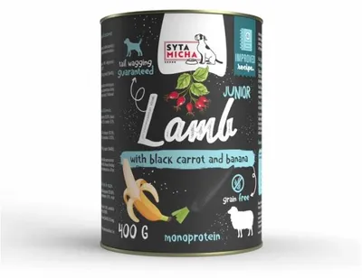Obrázek produktu pro Konzerva pro štěňata s jehněčím masem a černou mrkví a banánem 400g