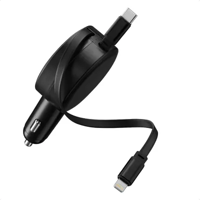 Immagine prodotto di Caricabatterie da auto Accezz con cavi retrattili - USB-C / Lightning - 57W - Nero