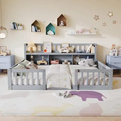 Obrázok produktu pre UnboxG detská postel, podlahová posteľ 140x200 cm, dvojposteľ, drevená posteľ, posteľ pre deti, posteľ s úložným priestorom, klasická detská posteľ s ochranou proti pádu, sivá farba