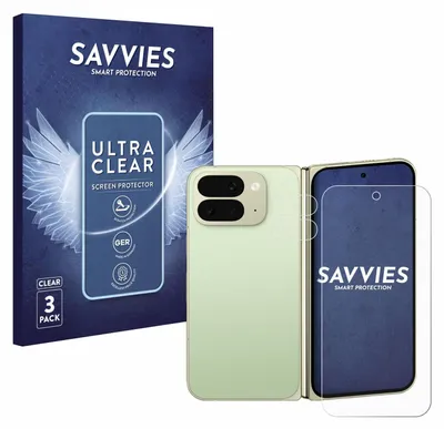 A product shot of a foldable phone with screen protectors and packaging.