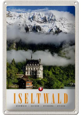 Produktbild von Blechschild Reise 20x30cm Iseltwald Gebirge Schnee Wald Schloss