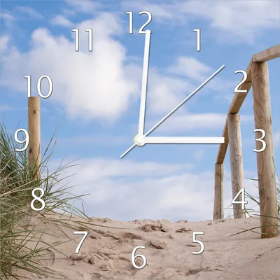 Produktbild von Wallario Design Wanduhr Auf der Holztreppe zum Strand aus Echtglas, Größe 30 x 30 cm