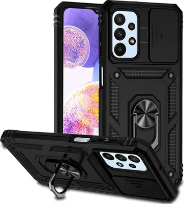 Image de Etui pour Samsung Galaxy A23 4G étui double couche avec couvercle coulissant pour appareil photo et anneau de support noir