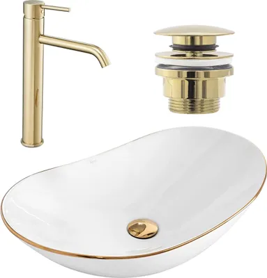 A bathroom sink set including a vessel sink, a faucet, and a drain assembly, all on a white background.