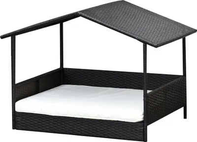 Produktbild von Rattan Hundeliege Outdoor – Erhöhtes Hundebett für kleine und mittelgroße Hunde, mit Dach, Metallrahmen und Kissen, atmungsaktiv, Maße: 69 × 98 × 70 cm, Farbe: Kaffee-Braun.