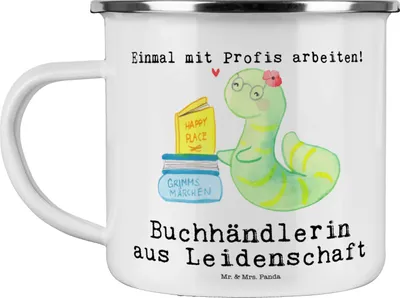 Produktbild von Mr. & Mrs. Panda Teetasse Buchhändlerin Leidenschaft - Weiß - Geschenk, Teebecher, Emaille Becher, Beruf, Buchhandlung, Blechtasse, Bücherwurm, Tasse, Spruch, Pott