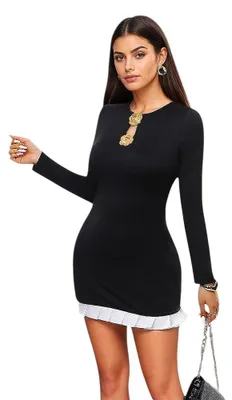 Produktbild von Damen figurbetontes Minikleid mit langen Ärmeln, eleganter Abendkleid mit Metallblume, Größe 40