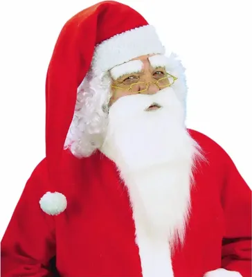 A close-up of a person dressed as Santa Claus, wearing a red suit and hat, with a white beard and eyebrows.