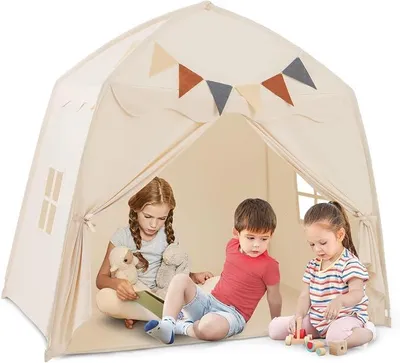 Imagen del producto de Tienda infantil para interior, casita de juegos con 20 luces en forma de estrella, 12 banderines, alfombra, 2 ventanas y cortina. Tienda tipi para niñas y niños, casita de juegos para habitación infantil (beige)