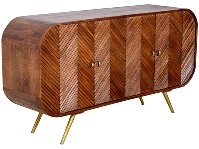 Dressoir mit 4 Holztüren, Metallbeinen, 152x42x81 cm, Natur/Gold