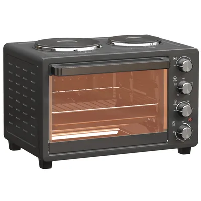Imagen del producto de Horno pequeño Moonbite de 28 litros con 2 placas de cocción, 2600 W, rango de temperatura de 100–230 °C, temporizador de 60 minutos, bandeja para hornear y rejilla para asar, acero inoxidable, color