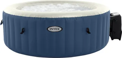 An inflatable hot tub filled with water and bubbles, with a control unit attached to the side.