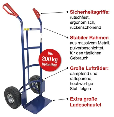 Produktbild von HBH® Sackkarre 200kg Luftreifen Stahlfelge TK200LU01 blau Transportkarre robust