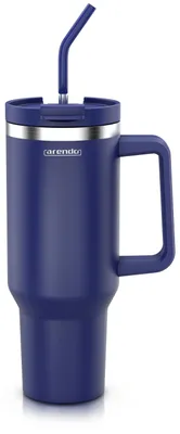 Produktbild von Arendo Thermobecher 1200 ml mit Henkel und Trinkhalm, doppelwandiger Edelstahl Isolierbecher, auslaufsicher, hält 6 h warm, 12 h kalt, spülmaschinengeeignet, dunkelblau