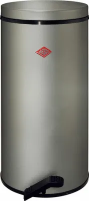 A silver pedal bin with a black pedal.