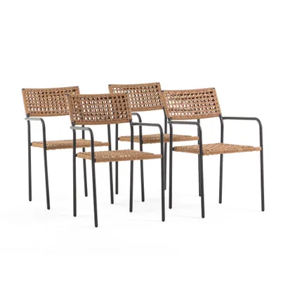Produktbild von 4er-Set stapelbare Stühle aus lackiertem Stahl und geflochtenem Polyrattan, leicht, elegant, ideal für Garten, Terrasse, Bar und Restaurants Paula