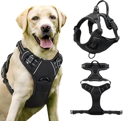 Produktbild von Hundegeschirr Ohne Zug, Verstellbares Hundebrustgeschirr mit Griff und Reflexstreifen, Atmungsaktiv Gepolstert, Anti-Zug Hundegeschirr, Schwarz L