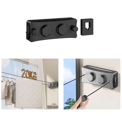 Produktbild von Wäscheleine Ausziehbar,  5.1m Wandmontage Edelstahl Doppelseil, bis 20 kg, Schwarz