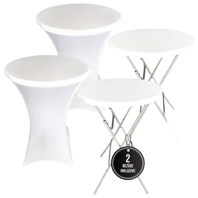 Produktbild von IvoQ 2er Set Stehtische Weiß – Inklusive 2 weiße Stretchhussen – Ø80 x 110 cm – Klappbar – Partytische für Feier, Garten & Event