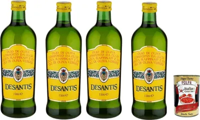 Produktbild von Desantis Olivenöl, Mischung aus raffiniertem & nativem Olivenöl – 4×1 L Glasflaschen – mild & vielseitig für Kochen, Braten & Backen – italienische Qualität – + Italian Gourmet polpa