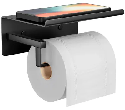 Produktbild von Toilettenpapierhalter, kein Bohren erforderlich, schwarz – Toilettenpapierhalter, selbstklebender Toilettenpapierhalter, Toilettenpapierhalter mit Ablage, Toilettenpapierhalter