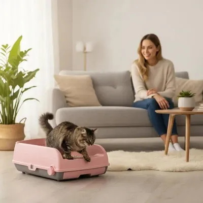 Obrázok produktu pre Polootvorená mačkačia toaleta s otváracím vekom