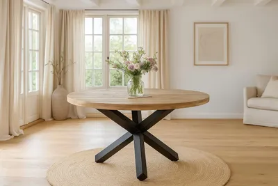 Produktbild von Refurbished Möbelretoure Esstisch rund Ø 120 cm Mangoholz natur massiv Sternfuß-Gestell schwarz RUNIS