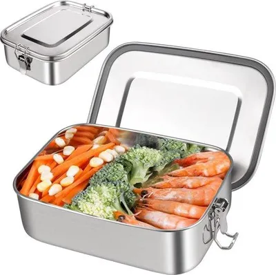 Immagine prodotto di Contenitore per alimenti in acciaio inossidabile Unyqoos® da 1400 ml – Lunchbox Bento con 2 scomparti, a prova di perdite, in acciaio inossidabile 304, senza BPA, dimensioni 22,6 x 16,2 x 6,9 cm, ideale per scuola e ufficio