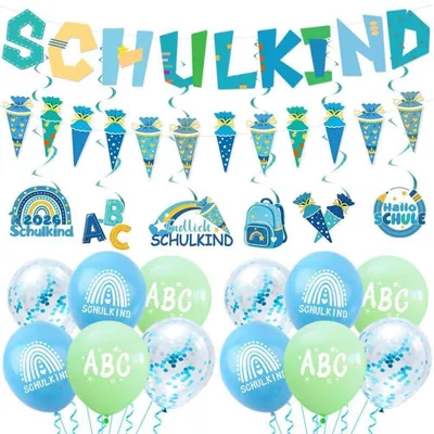 Produktbild von Einschulung Deko Set Junge Girlande Banner Spiral Hängedeko Luftballons Blau Grün