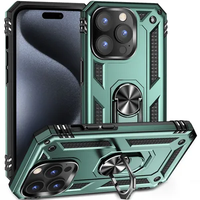Obrázek produktu pro Pouzdro pro iPhone 15 Pro Max dvouvrstvé robustní, vojenská ochrana pouzdro s držákem prstenu a stojánkem zelené
