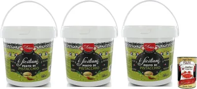 Produktbild von 3x Dolgam I Siciliani Pistazien-Pesto Glutenfreie,Sizilianische Spezialitäten,1000g-Eimer,Pistazien aus Sizilien mit 65% + Italian Gourmet Polpa di Pomodoro 400g Dose