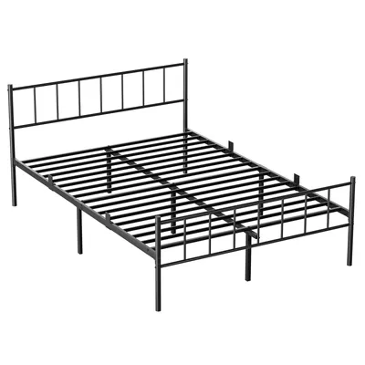 Image de Lit 160 x 200 cm, sommier métallique avec tête de lit, cadre de lit de 36 cm de hauteur avec 32 cm d'espace de rangement, 14 lattes métalliques, silencieux, noir
