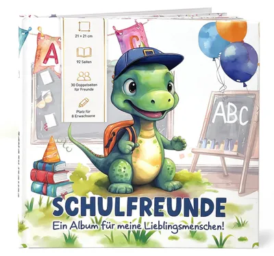 Produktbild von Freundebuch Grundschule Dino 21x21 cm Hardcover, 92 Seiten, 30 Freunde & 8 Erwachsene