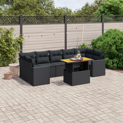 Produktbild von Design 8-tlg. Garten-Sofagarnitur mit Kissen Schwarz Poly Rattan, Gartenmöbel-Sets 2024 Neu