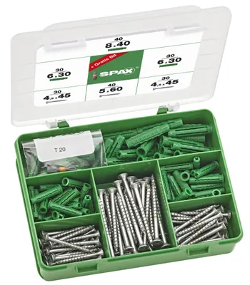 Produktbild von SPAX Indoor Sortiment, Schrauben-Set mit 2 Abmessungen + Dübel, 200 Stück, Senkkopf, T-STAR plus, WIROX - 5000009100109