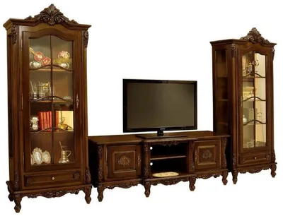Produktbild von Casa Padrino Luxus Barock Wohnzimmer Set Dunkelbraun - 1 Barock TV Schrank & 2 Barock Vitrinen - Luxus Wohnzimmer Möbel im Barockstil - Barock Möbel - Edel & Prunkvoll