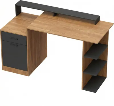 Produktbild von Computertisch mit Stauraum und Regalen, Moderner Schreibtisch für Büro und Arbeitszimmer, 140 cm, Eiche