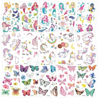 Produktbild von 150+ Kinder Tattoo Sticker Set Einhorn Meerjungfrau Schmetterling Mädchen Kindergeburtstag