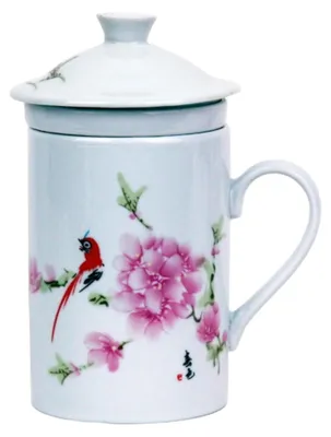Produktbild von Keramik Teetasse mit Deckel + Sieb für Losen Tee mit Asiatischem (Papagei, 040), Asiatisches Motiv, Porzellan, Tee-Becher