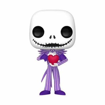 A Funko Pop! vinyl figure of Jack Skellington from The Nightmare Before Christmas, holding a red heart.