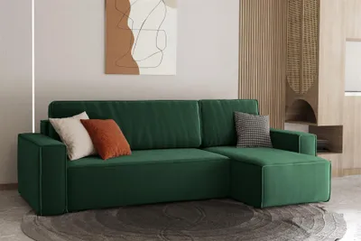 Productafbeelding van Eckbank, slaapbank, bank MARIS, bekleding: stof, kleur: groen, met ottomaan, rechts