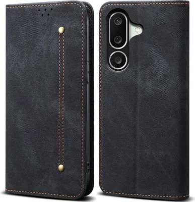 A black flip-style phone case is shown from the front and back.